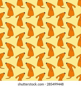 Seamless pattern with repeating foxy colored dog with brown contour sitting opposite with head up, closes eyes and curled tail isolated on yellow background. Wallpaper, wrapping paper, textile design