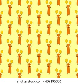 Seamless pattern with repeating funny dachshund holding two balloons isolated on yellow background