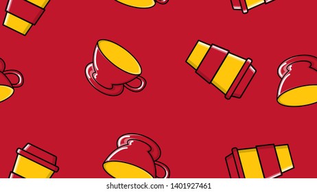 Seamless pattern of repeating glasses and ceramic cups with a quick hot invigorating coffee American espresso arabica in a cardboard cup to go on a red background. Vector illustration