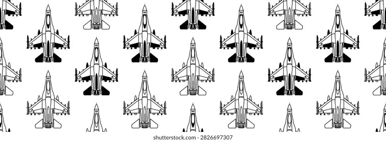 Seamless pattern with repeating illustrations of modern military jet fighters in top view on a solid white background. Perfect for air force graphics, game backgrounds, military apparel textile prints, and wrapping paper designs.