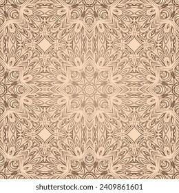 Seamless pattern, repeating lace texture for textile fabric print. Doodle line background with geometric and floral elements. Vector.