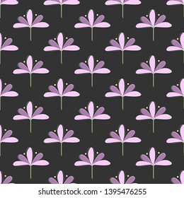 Seamless Pattern: Repeating Lila und Violet Blossoms on Dark Background.
