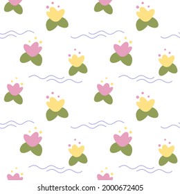 Seamless pattern of repeating lilies on the lake. Floral pattern in cartoon style.