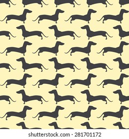 Seamless pattern with repeating lines of grey colored silhouette of standing dachshund situated opposite one another isolated on light yellow background