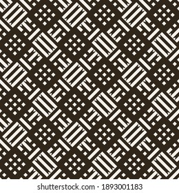 Patrón sin foco. Textura geométrica moderna repetitiva compuesta por tiras, pequeños triángulos, rombos, diamantes. Elemento vector del diseño gráfico
