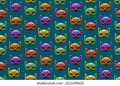 Seamless pattern with repeating multicolored cats. Diverse domestic cats wallpaper. Vector. Design for cards, paper goods, background, wrapping. Animals character design. Many cats background