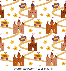 Seamless pattern with repeating palace, castle, tower, princess carriage. Children's illustration.