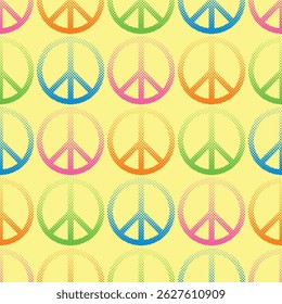 A seamless pattern of repeating peace symbols or signs in blue, magenta, green, and orange on a light yellow background.