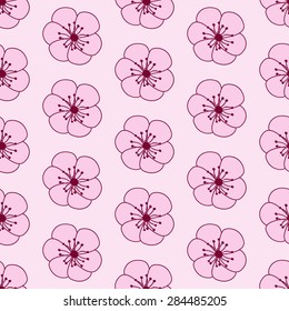 Seamless pattern with repeating pink stylized sakura flowers with cherry colored wheel isolated on white background