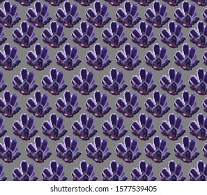 Seamless pattern with repeating plant elements on a gray background with small purple flowers. Elements are arranged in horizontal rows. Vector for textile, wallpaper, tile