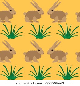 Seamless pattern with repeating rabbits rows and grass bushes