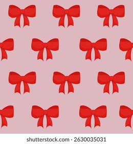 A seamless pattern of repeating red ribbon bows on a light pink background. simple and decorative design Ideal for gift wrapping, festive occasions,background,textile design