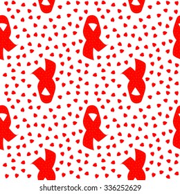 Seamless pattern repeating red ribbon silhouette with heart form petals isolated on the white (transparent) background - aids awareness ribbon symbol concept. Vector illustration eps 10 