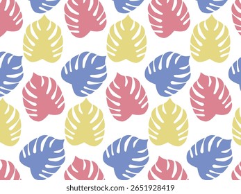Seamless pattern with repeating silhouettes of monstera leaves in shades of pink, yellow and blue on isolated background