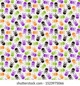 Seamless pattern, repeating skulls background with Halloween colors and bones.