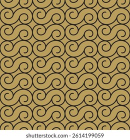 A seamless pattern of repeating spiral swirl shapesin black outlines on a tan light brown background.