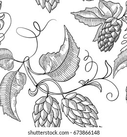 patrón transparente con Sprig repetido de lúpulo. Esbozo. Dibujo manual. Concepto de diseño. Vector Illustration, eps10, contiene transparencias.