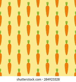 Seamless pattern with repeating stylized cartoon carrots with cropped green top isolated on light yellow background