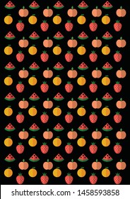 The seamless pattern with repeating stylized fruits and on black background.