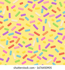 Seamless pattern repeating seamless texture of yellow donut glaze with many decorative sprinkles.Vector confectioners icing for cakes and donuts.