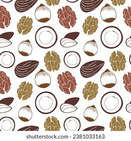 Seamless pattern repeating tile with variety of nuts in brown colors. Outline, silhouette. For snack, chocolate bar, sweets, vegan milk, food design. Vector illustration isolated on white background