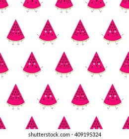 Seamless pattern with repeating two watermelon characters, one smiling and one crying on white background. Flat style illustration
