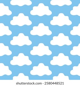 Seamless Pattern Repeating White Clouds on Light Blue Background. Concept of Weather Design, Sky Elements, Dreamy Atmosphere, Kids Wallpaper, Whimsical Decoration. Print, Design, Texture.