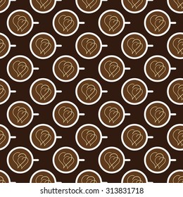 Seamless pattern with repeating white colored cup of coffee with two cream hearts on surface of beverage isolated on dark brown background