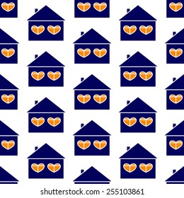 Seamless pattern with repeating white contoured navy house with roof and chimney on it, tow big windows in the shape of hearts and orange light in them isolated on white background
