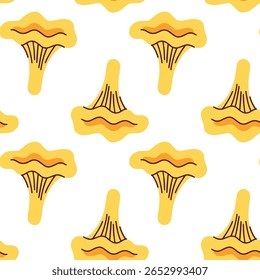Seamless pattern with repeating yellow chanterelle mushrooms on white background. Ideal for nature prints, packaging, or botanical textiles