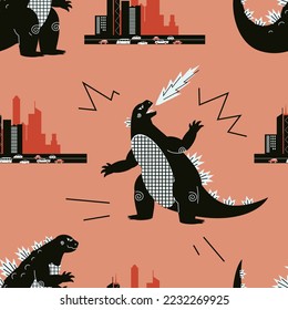 Seamless pattern of a reptile  and background elements. Dinosaur Attack. Monster.