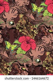 Seamless pattern of reptile skin and chameleon. Vector illustration