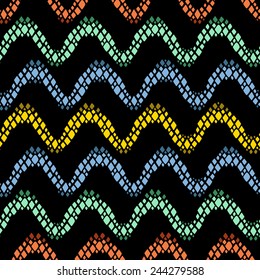Seamless Pattern in Reptile Skin Style. Snake Skin Waves on Black. Mosaic Pattern