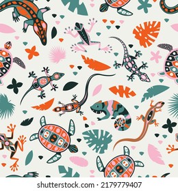 Seamless pattern with reptiles and tropical leaves. Vector illustration of lizard, chameleon, sea turtle with aztec tribal symbols. Summer colorful animal background. Kids fashion textile print design