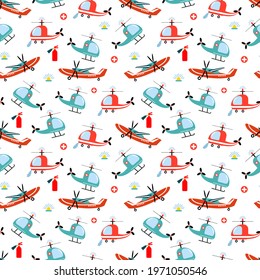 Seamless pattern with rescue helicopters and airplanes. Hand-drawn style. Design for fabrics, textiles, wallpaper, packaging, for decorating a children's room.	