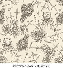 Seamless pattern with reseda: plant, leaves and  reseda flowers and bottle of reseda essential oil. Reseda odorata. Cosmetic, perfumery and medical plant