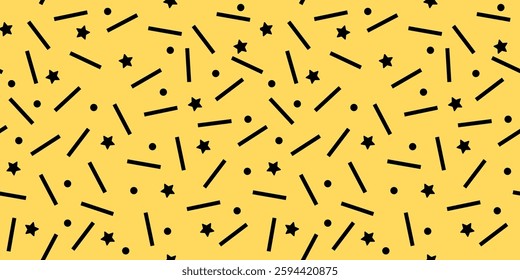 Seamless pattern resembling sweet sprinkles with black stars, dots, and lines on a yellow background. Playful and modern design for textiles, packaging, branding, wallpapers, and digital projects.