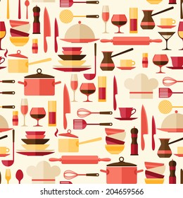 Seamless pattern with restaurant and kitchen utensils.