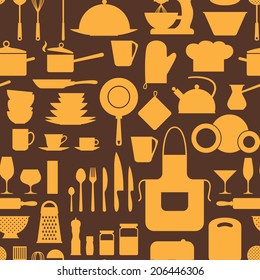 Seamless pattern with restaurant and kitchen utensils.