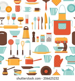 Seamless pattern with restaurant and kitchen utensils.