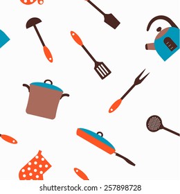 Seamless pattern with restaurant and kitchen utensils made in flat. 