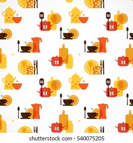 Seamless pattern with restaurant and kitchen utensils