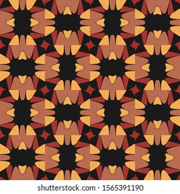 Seamless pattern in restrained colors with rectangular compositions rotated at different angles. Colors - burgundy, beige, yellow, black. Vector illustration