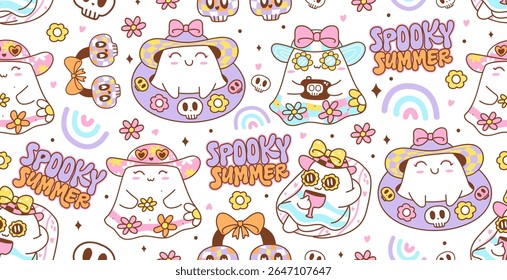 Seamless pattern reto groovy little ghost in spooky summer. Vector illustration.