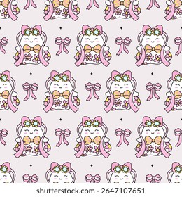 Seamless pattern reto groovy little ghost in spooky summer. Vector illustration.