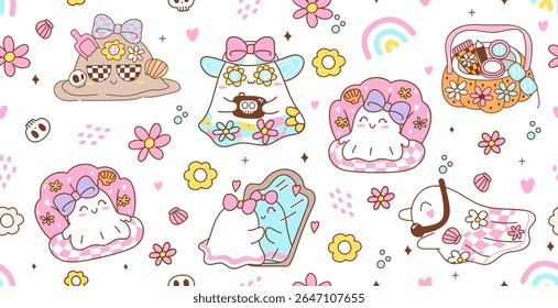 Seamless pattern reto groovy little ghost in spooky summer. Vector illustration.