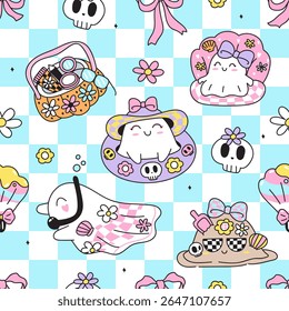 Seamless pattern reto groovy little ghost in spooky summer. Vector illustration.