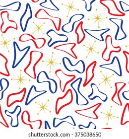 A seamless pattern of retro 1950s style art deco shapes in patriotic colors.