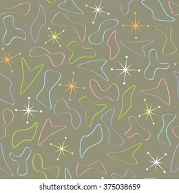 A seamless pattern of retro 1950s style art deco shapes.