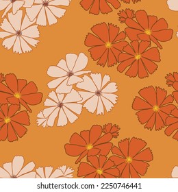Patrón sin inconvenientes en el estilo retro de paz de 1970. Fondo Floral Setenties. Flores Groovy. Ilustración de vectores dibujados a mano. Textura de moda Diseñada para tejidos, textiles, estampado